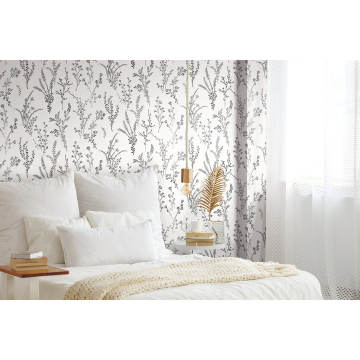 Wildflower Sprigs Black & White Wallpaper by Inspired by Color Designer