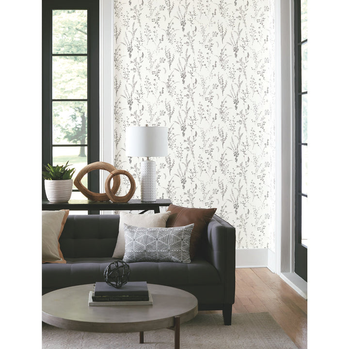 Wildflower Sprigs Black & White Wallpaper by Inspired by Color Designer