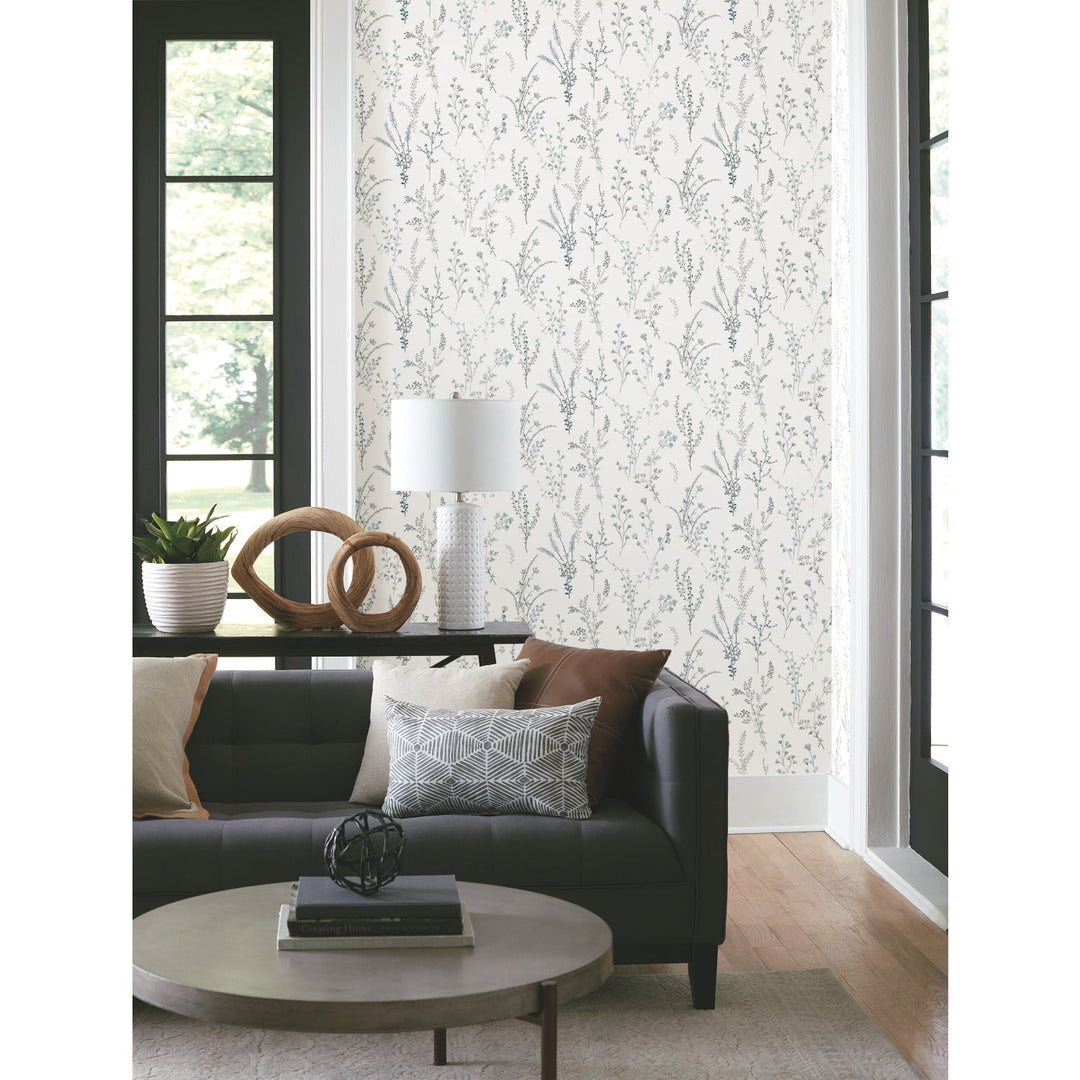 Wildflower Sprigs Blue & Green Wallpaper by Inspired by Color Designer