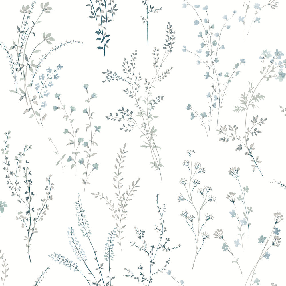Wildflower Sprigs Blue & Green Wallpaper by Inspired by Color Blues II Covers about 56.4 square feet 20.5-in by 33-ft long roll Unpasted 20.5 - Fabric Carolina -