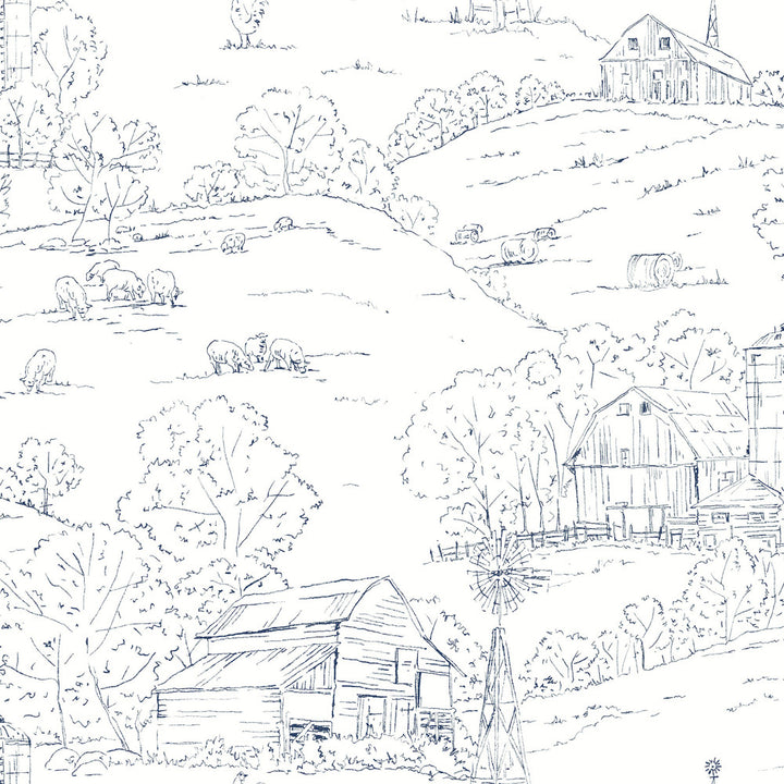 Pasture Toile Navy & White Wallpaper by York Wallcoverings Simply Farmhouse Covers about 56.4 square feet 20.5-in by 33-ft long roll Unpasted 20.5 - Fabric Carolina -