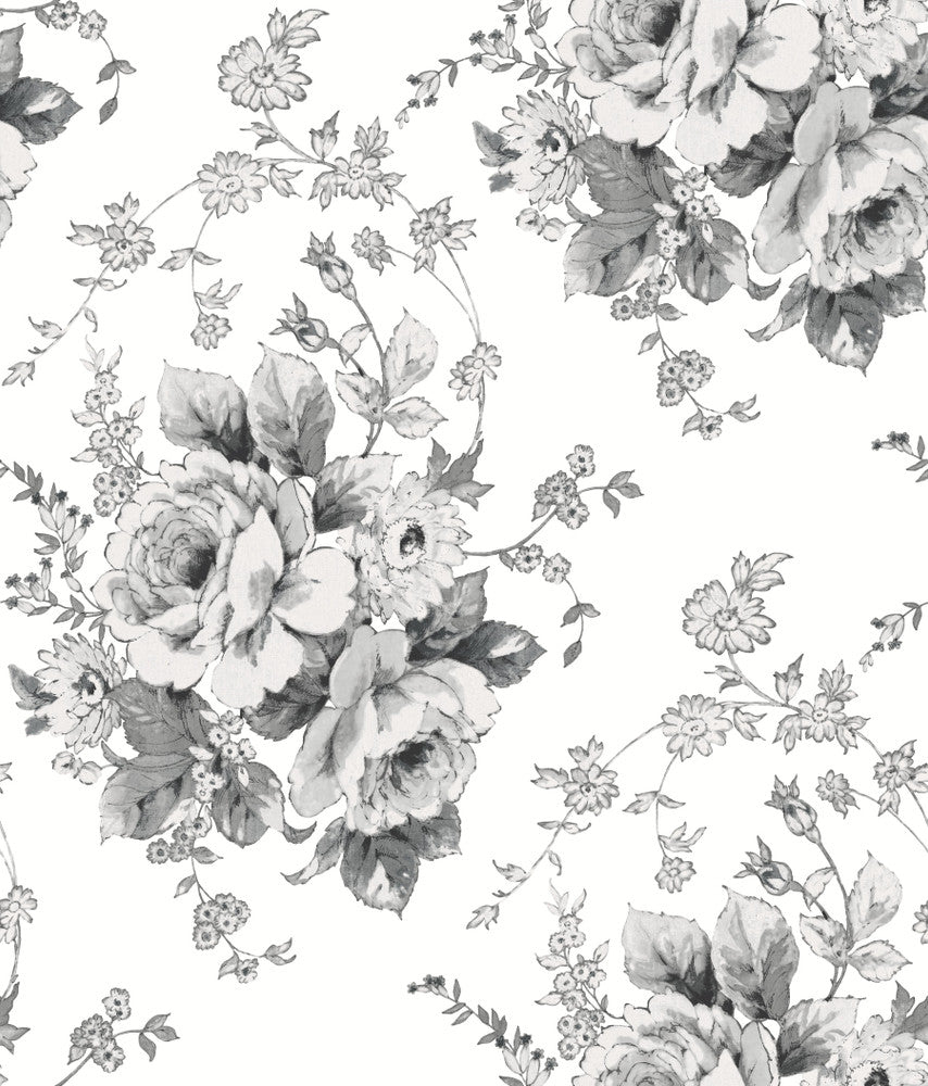 Heritage Rose White & Black Wallpaper by York Wallcoverings Simply Farmhouse Covers about 56.4 square feet 20.5-in by 33-ft long roll Unpasted 24 - Fabric Carolina -