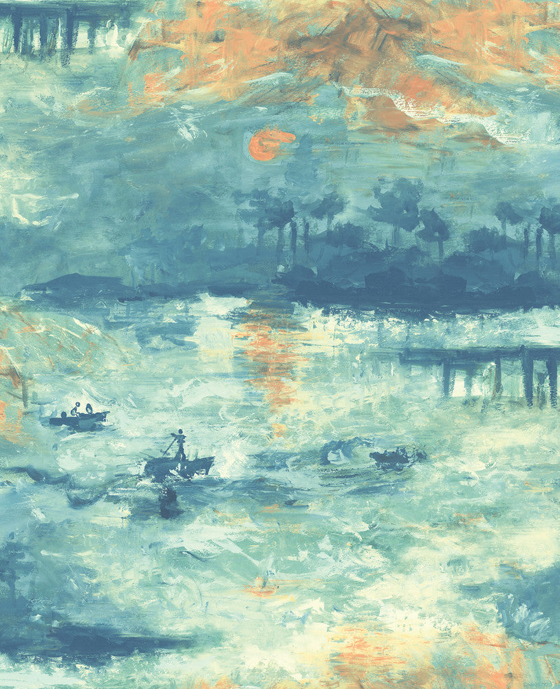 Nautical Sunset Navy, Turquoise, and Metallic Gold by Seabrook Wallpaper French Impressionist United States 56.12 24" 20.5" - Fabric Carolina -