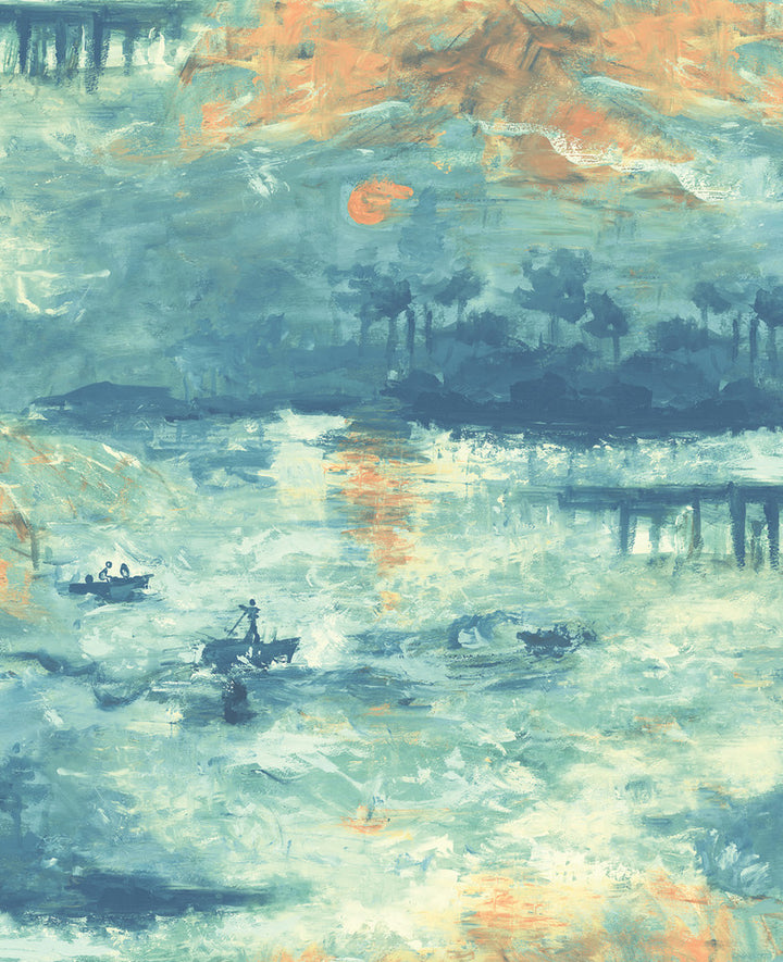 Nautical Sunset Navy, Turquoise, and Metallic Gold by Seabrook Wallpaper French Impressionist United States 56.12 24" 20.5" - Fabric Carolina -