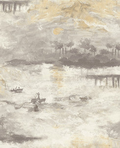 Nautical Sunset Charcoal, Metallic Gold, and Pearl by Seabrook Wallpaper