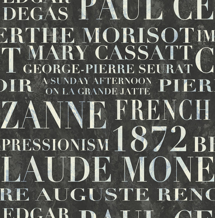 Script Metallic Pearl, Ebony, and Powder Blue by Seabrook Wallpaper French Impressionist United States 56.12 20.87" 20.5" - Fabric Carolina -