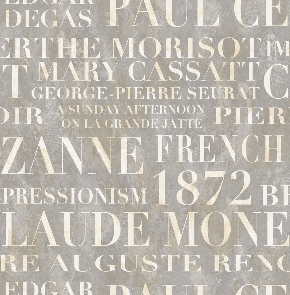 Script Metallic Ivory and Metallic Grey by Seabrook Wallpaper French Impressionist United States 56.12 20.87" 20.5" - Fabric Carolina -