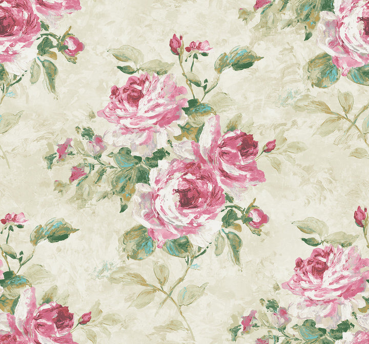 Rose Bouquet Metallic Ivory, Blush, and Forest Green by Seabrook Wallpaper French Impressionist United States 60.55 25.2" 27" - Fabric Carolina -