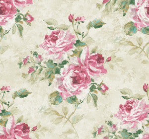 Rose Bouquet Metallic Ivory, Blush, and Forest Green by Seabrook Wallpaper