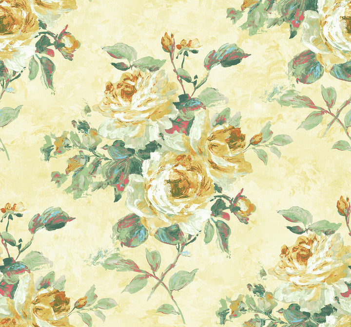 Rose Bouquet Metallic White, Gold, and Green by Seabrook Wallpaper French Impressionist United States 60.55 25.2" 27" - Fabric Carolina -