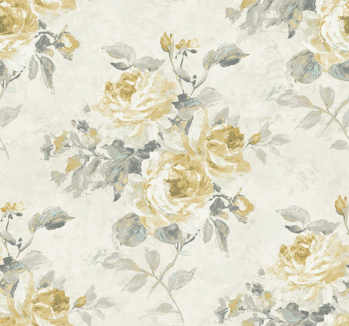Rose Bouquet Metallic Pearl, Metallic Gold, and Grey by Seabrook Wallpaper French Impressionist United States 60.55 25.2" 27" - Fabric Carolina -