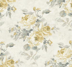 Rose Bouquet Metallic Pearl, Metallic Gold, and Grey by Seabrook Wallpaper