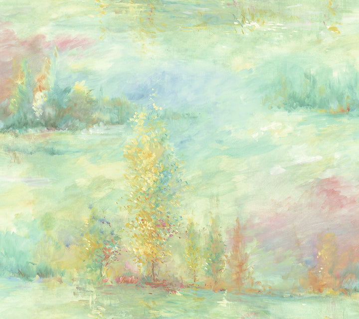 Tree Line Metallic Teal, Gold, and Blush by Seabrook Wallpaper French Impressionist United States 60.55 24" 27" - Fabric Carolina -