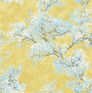 Cherry Blossoms Gold, White, and Sky Blue by Seabrook Wallpaper