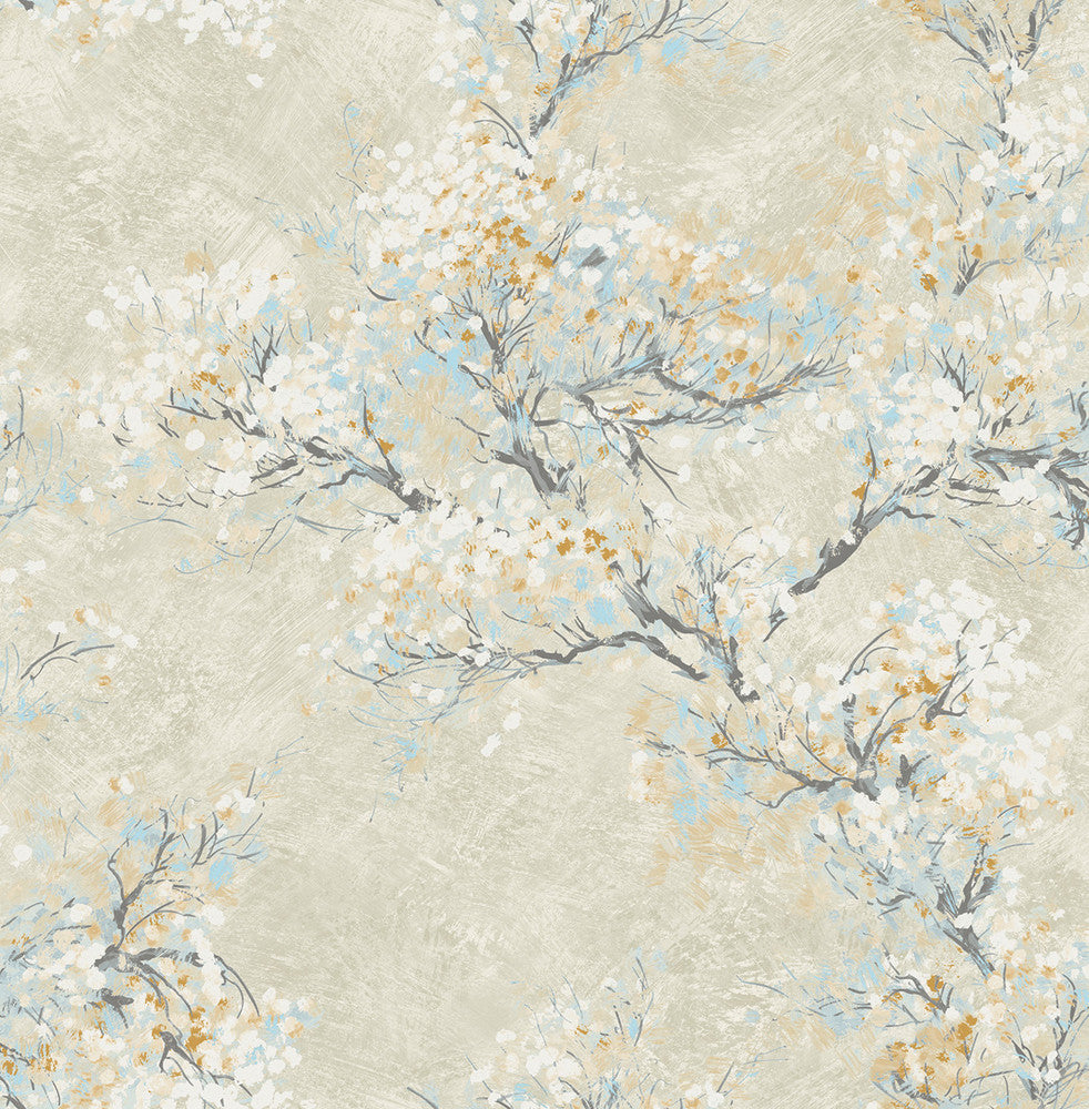 Cherry Blossoms Metallic Champagne, White, and Sky Blue by Seabrook Wallpaper French Impressionist United States 56.12 20.87" 20.5" - Fabric Carolina -
