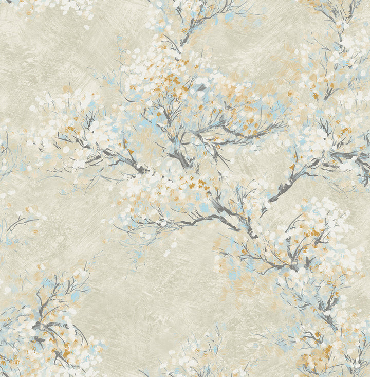 Cherry Blossoms Metallic Champagne, White, and Sky Blue by Seabrook Wallpaper French Impressionist United States 56.12 20.87" 20.5" - Fabric Carolina -