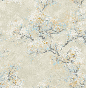 Cherry Blossoms Metallic Champagne, White, and Sky Blue by Seabrook Wallpaper