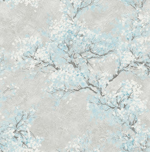 Cherry Blossoms Metallic Silver and Sky Blue by Seabrook Wallpaper