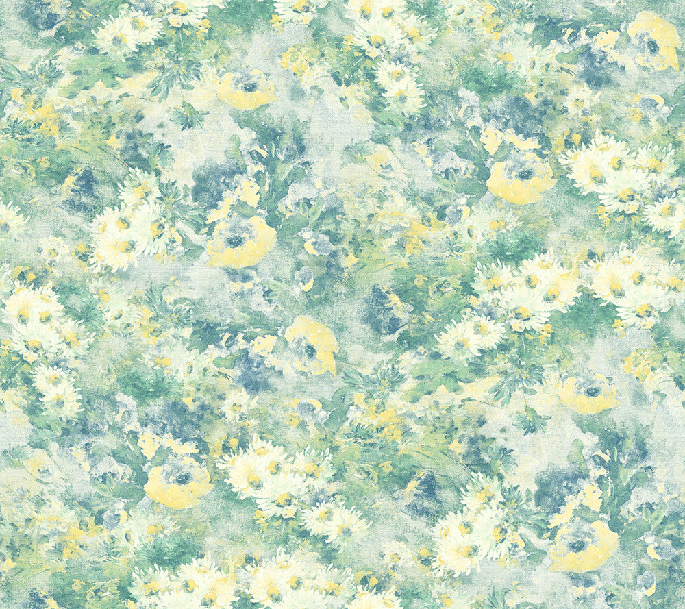 Daisy Metallic Ivory, Yellow, and Teal by Seabrook Wallpaper French Impressionist United States 60.55 24" 27" - Fabric Carolina -