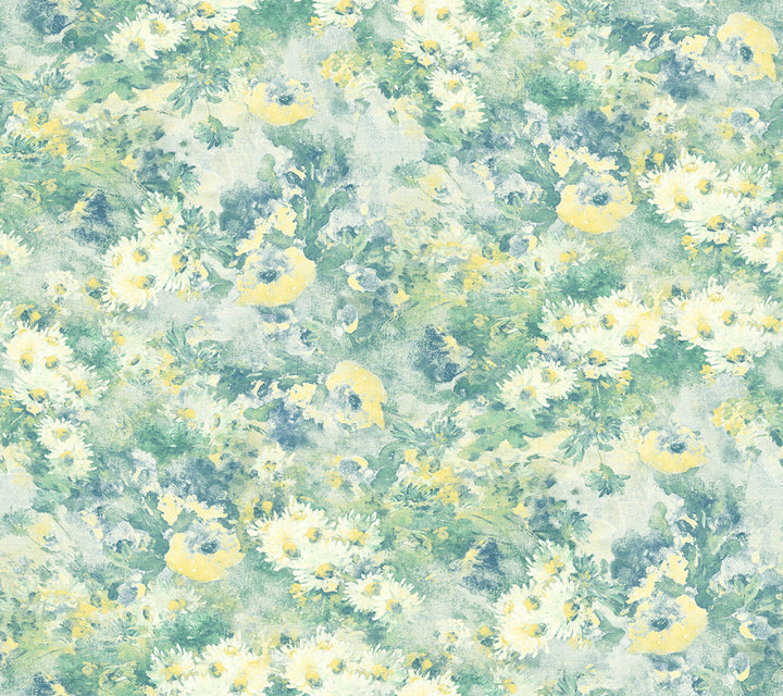Daisy Metallic Ivory, Yellow, and Teal by Seabrook Wallpaper French Impressionist United States 60.55 24" 27" - Fabric Carolina -
