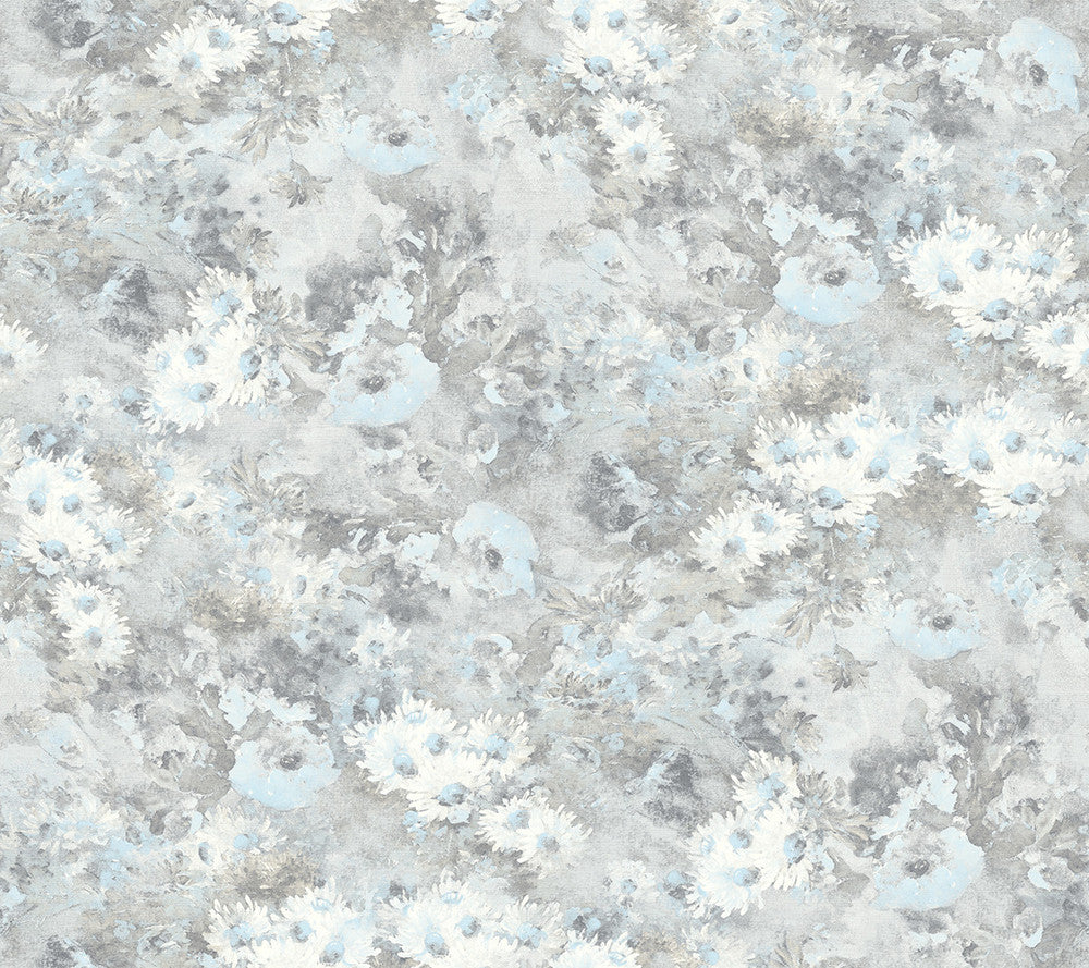 Daisy Metallic Silver and Sky Blue by Seabrook Wallpaper French Impressionist United States 60.55 24" 27" - Fabric Carolina -
