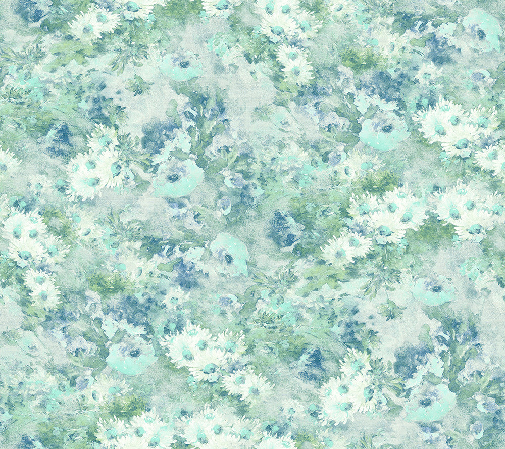 Daisy Metallic Powder Blue and Turquoise by Seabrook Wallpaper French Impressionist United States 60.55 24" 27" - Fabric Carolina -