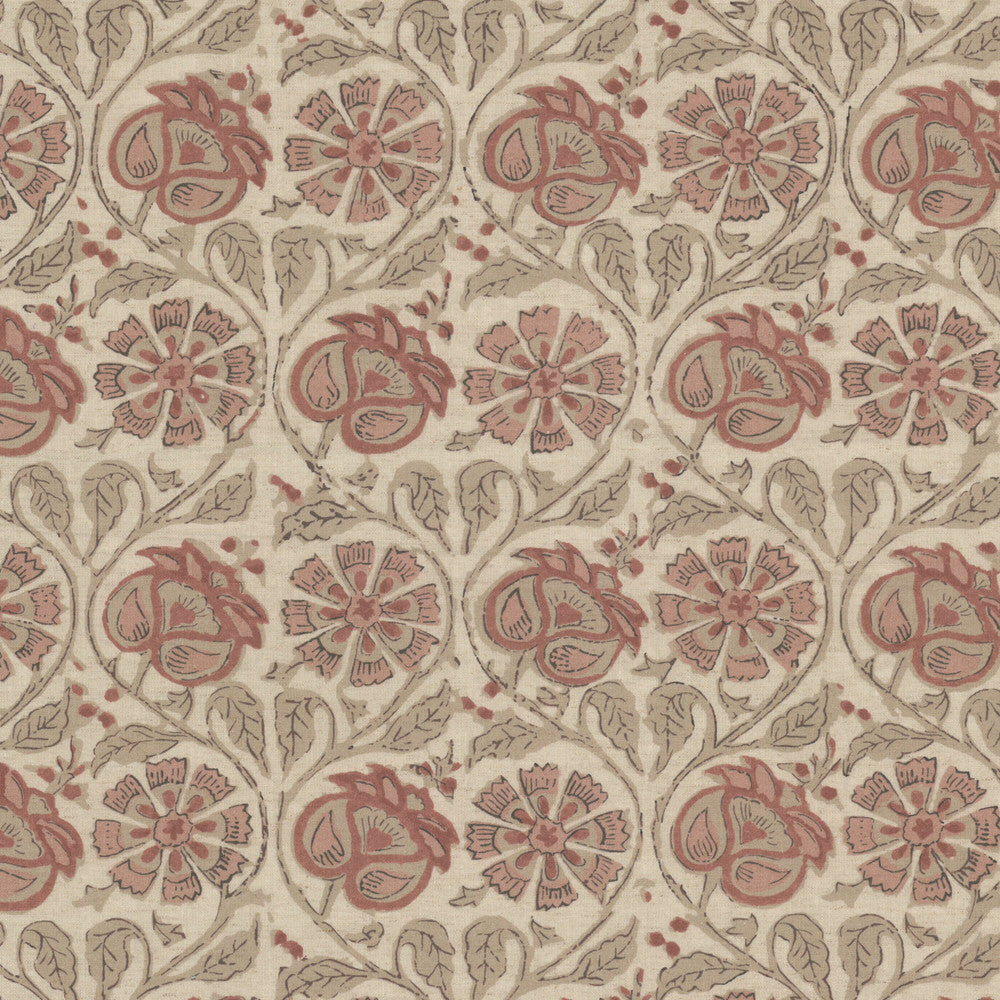 Flourish 1 Clay by Stout Fabric Stout Fabric Flourish 1 ClayFabric Rainbow Library Blossom/Sunset 50%Cot 35%Svi 15%Lin India </p><p>Repeat: H: 27.75, V: 12.875 54 in - Fabric Carolina -