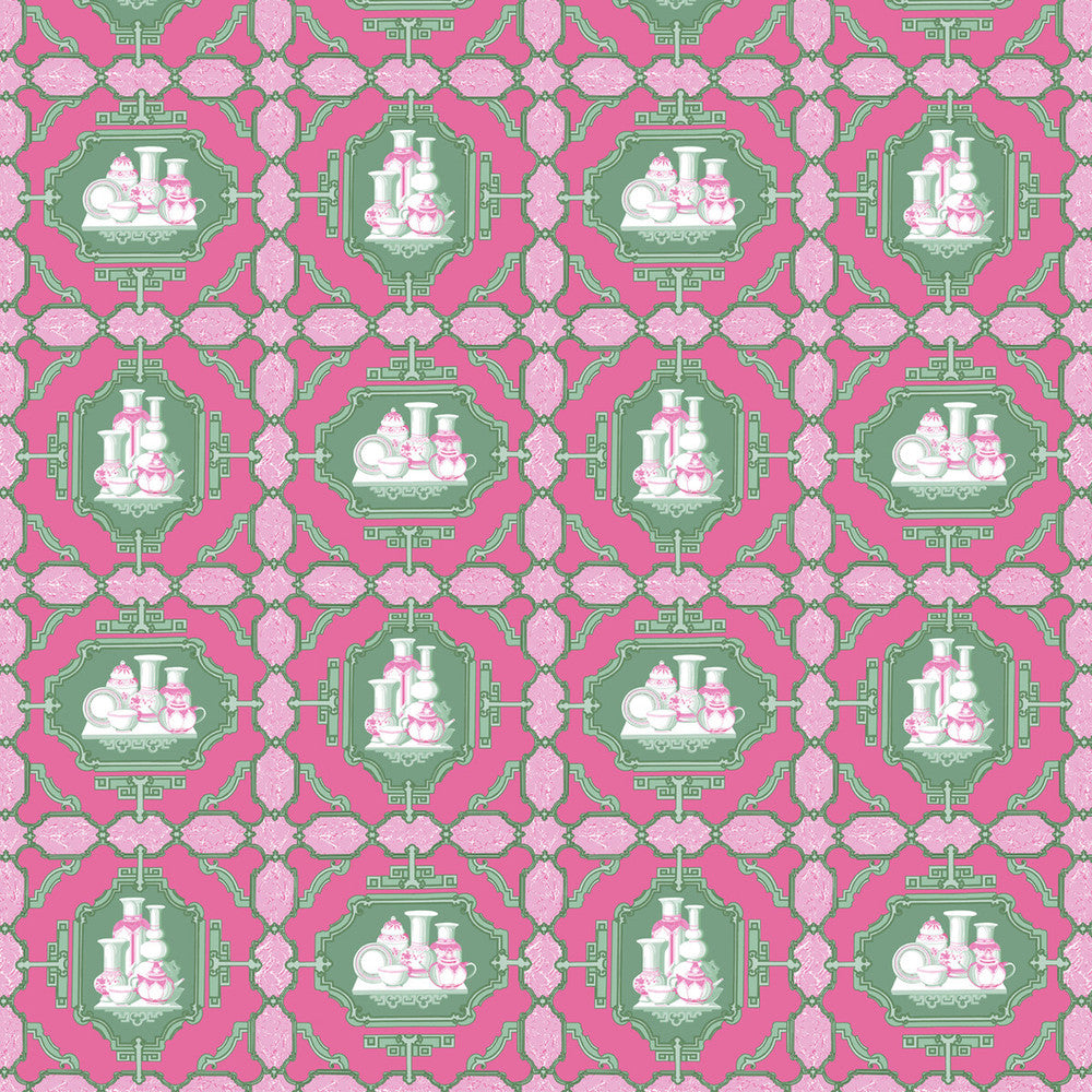 Porcelanas Rosa/Verde by Gaston Y Daniela Designer Fabric GASTON LIBRERIA COTTON - 100% Italy HEAVY Horizontal: 25.61 and Vertical: 24.62 52 - Swanky Fabrics -
