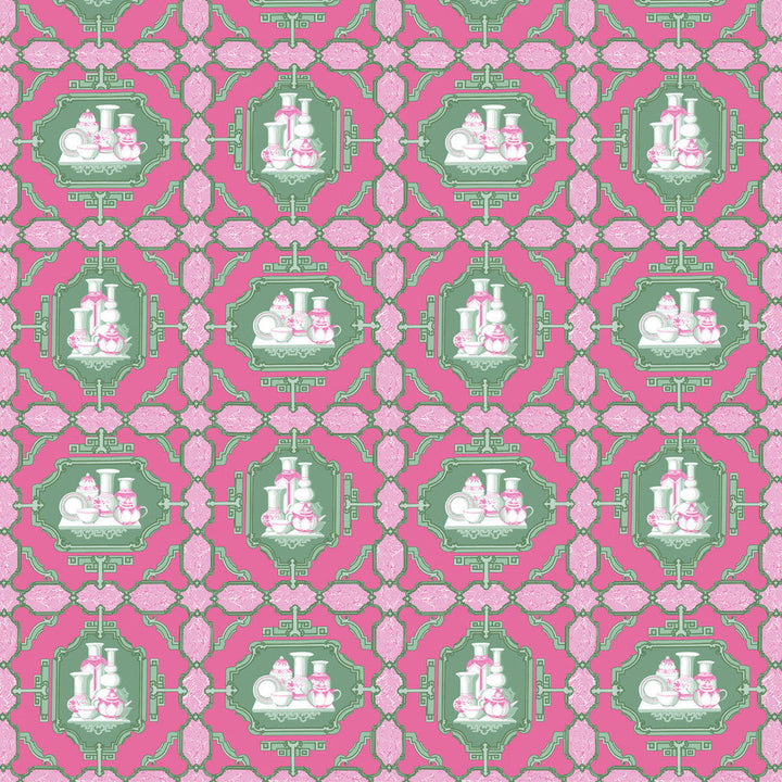 Porcelanas Rosa/Verde by Gaston Y Daniela Designer Fabric GASTON LIBRERIA COTTON - 100% Italy HEAVY Horizontal: 25.61 and Vertical: 24.62 52 - Swanky Fabrics -