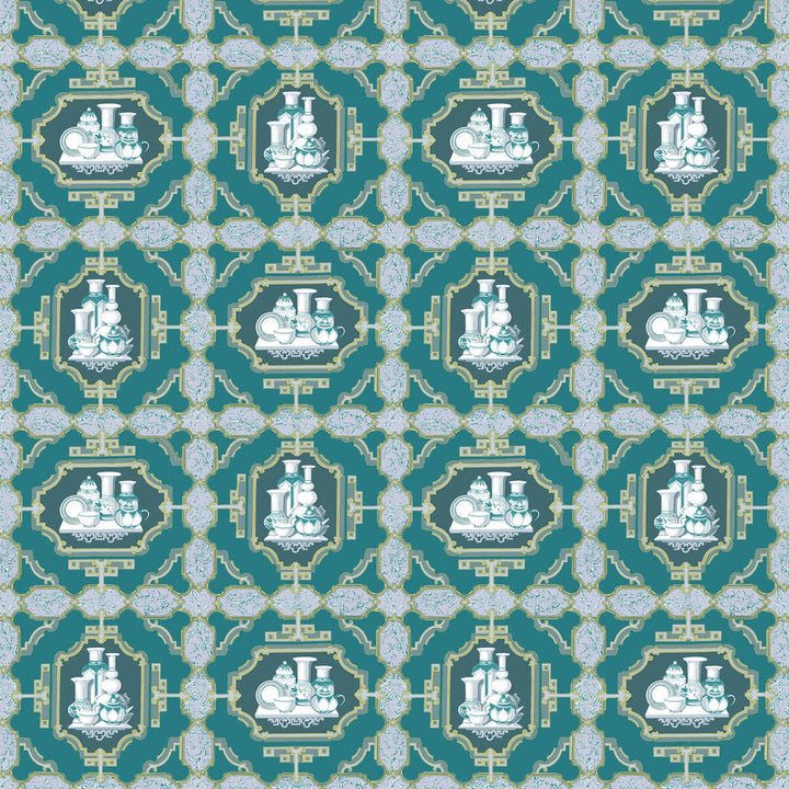 Porcelanas Esmeralda by Gaston Y Daniela Designer Fabric GASTON LIBRERIA COTTON - 100% Italy HEAVY Horizontal: 25.61 and Vertical: 24.62 52 - Swanky Fabrics -