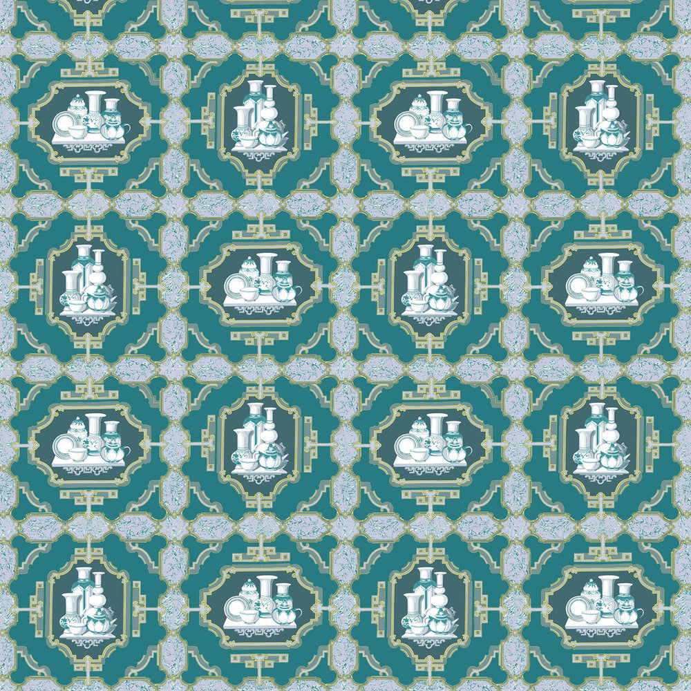 Porcelanas Esmeralda by Gaston Y Daniela Designer Fabric GASTON LIBRERIA COTTON - 100% Italy HEAVY Horizontal: 25.61 and Vertical: 24.62 52 - Swanky Fabrics -