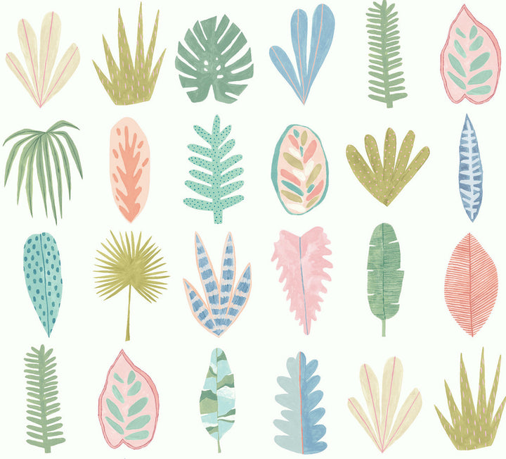 Leaf Boogie Pastel Tropical Mix Wallpaper by ohpopsi Glasshouse Covers about 54.2 square feet 19.7-in by 33-ft long roll Unpasted 39.7 - Fabric Carolina -