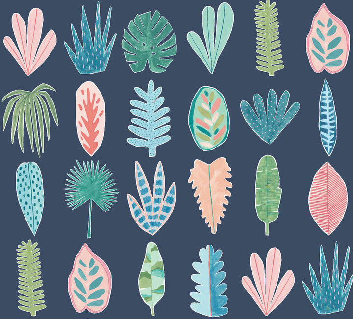 Leaf Boogie Denim Tropical Mix Wallpaper by ohpopsi Glasshouse Covers about 54.2 square feet 19.7-in by 33-ft long roll Unpasted 39.7 - Fabric Carolina -