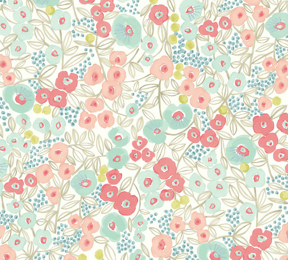 Flora Coral Garden Wallpaper by ohpopsi Glasshouse Covers about 54.2 square feet 19.7-in by 33-ft long roll Unpasted 31.9 - Fabric Carolina -
