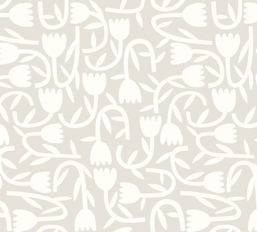 Aino Taupe Tiny Tulip Wallpaper by ohpopsi Glasshouse Covers about 54.2 square feet 19.7-in by 33-ft long roll Unpasted 15.7 - Fabric Carolina -