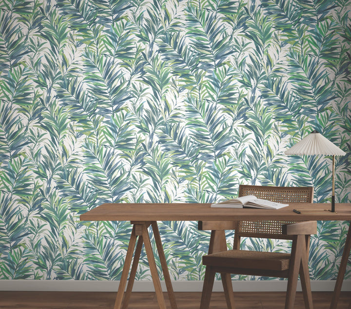 Swaying Palms Green & Blue Wallpaper by York Wallcoverings Designer