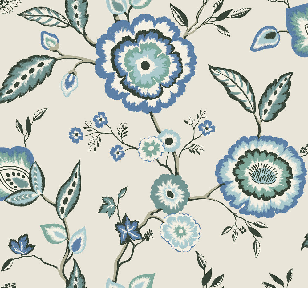 Dahlia Blooms Blue & White Wallpaper by Inspired by Color Blues II Covers about 60.8 square feet 27-in by 27-ft long roll Prepasted 25.25 - Fabric Carolina -