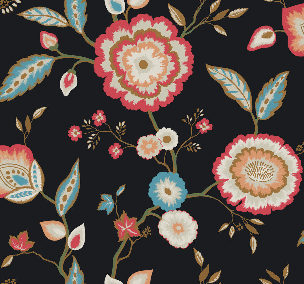 Dahlia Blooms Black & Pink Metallic Wallpaper by York Wallcoverings Greenhouse Covers about 60.8 square feet 27-in by 27-ft long roll Prepasted 25.25 - Fabric Carolina -