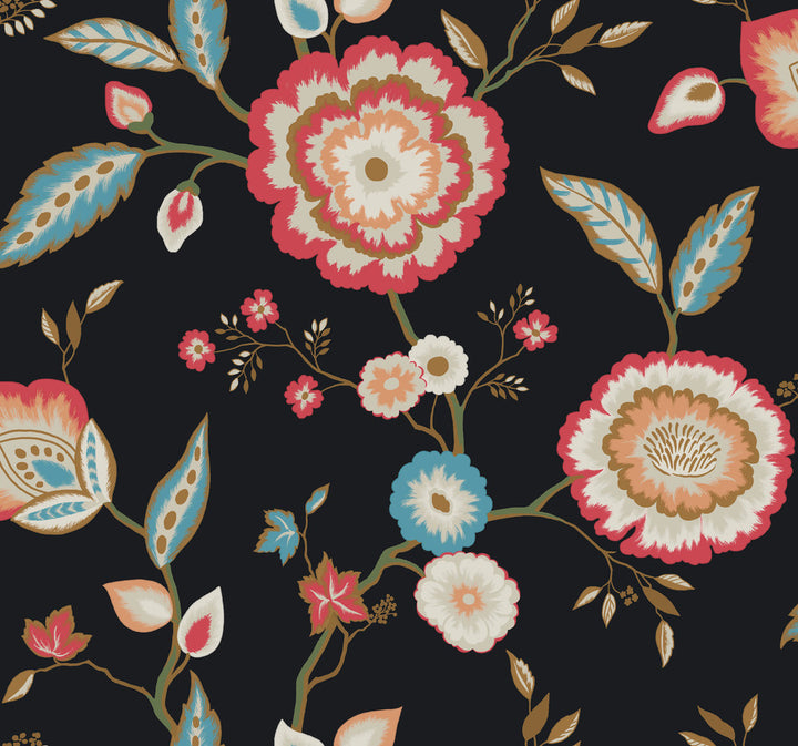 Dahlia Blooms Black & Pink Metallic Wallpaper by York Wallcoverings Greenhouse Covers about 60.8 square feet 27-in by 27-ft long roll Prepasted 25.25 - Fabric Carolina -