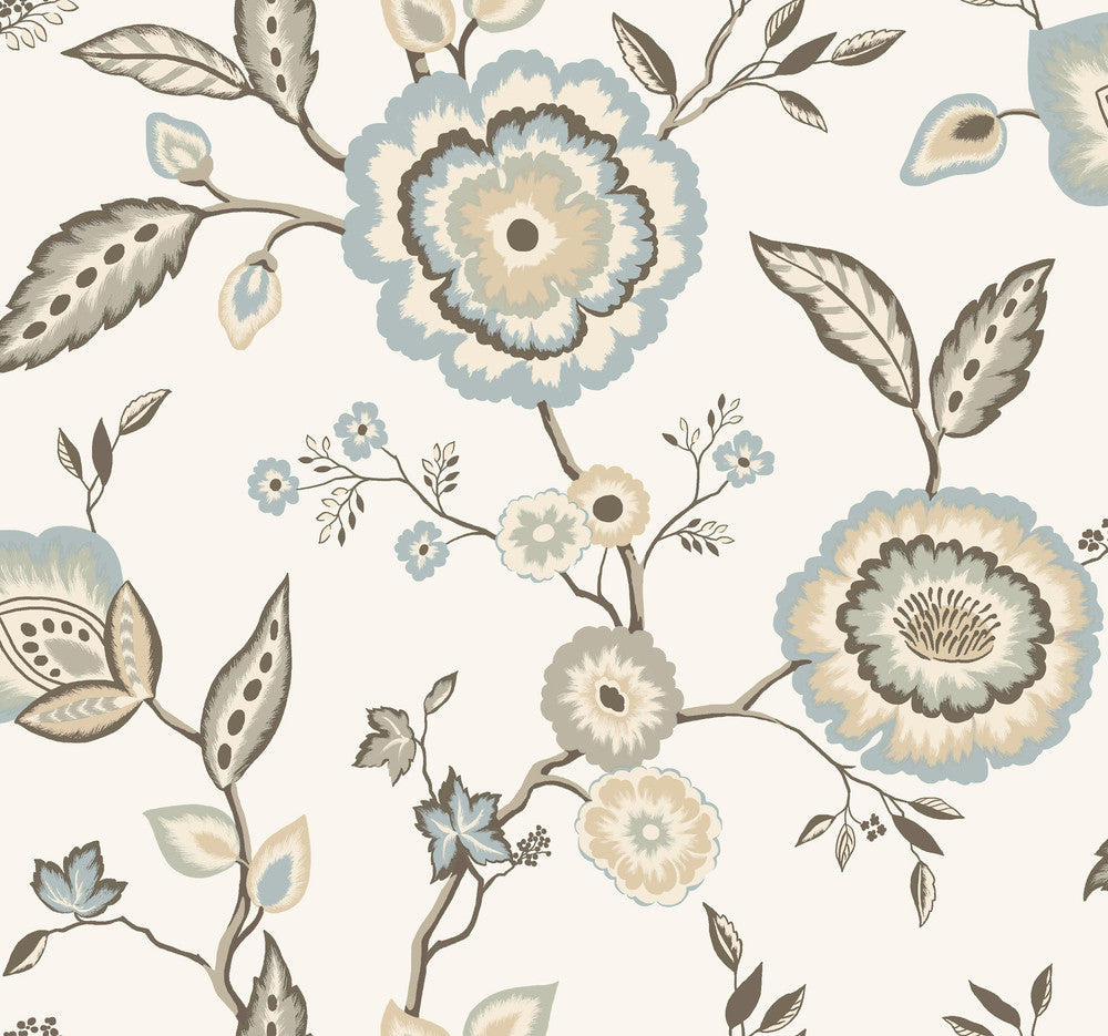 Dahlia Blooms Off White & Blue Wallpaper by Inspired by Color Beige & Neutrals Covers about 60.8 square feet 27-in by 27-ft long roll Prepasted 25.25 - Fabric Carolina -