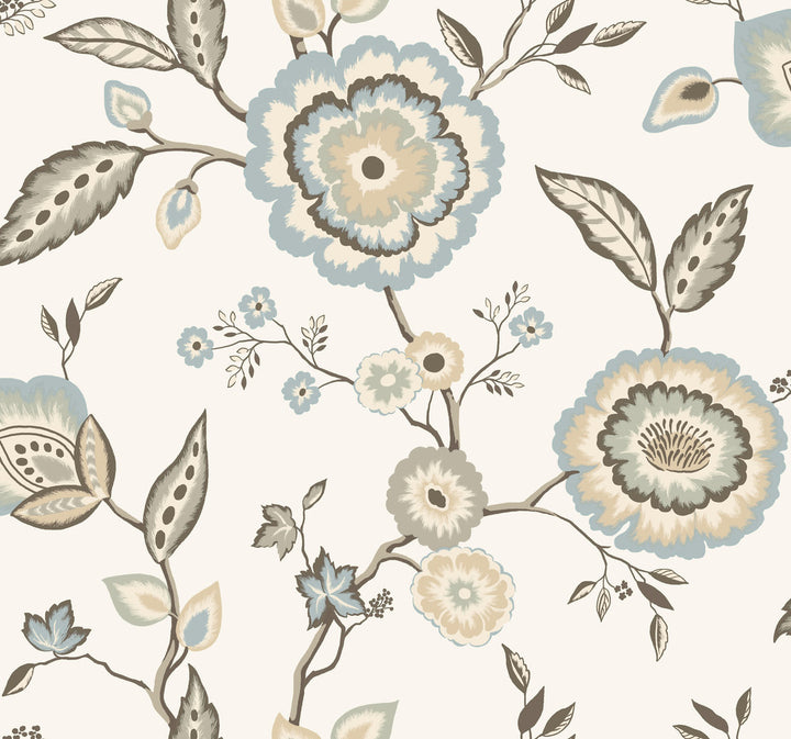 Dahlia Blooms Off White & Blue Wallpaper by Inspired by Color Beige & Neutrals Covers about 60.8 square feet 27-in by 27-ft long roll Prepasted 25.25 - Fabric Carolina -