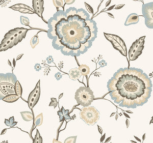 Dahlia Blooms Off White & Blue Wallpaper by Inspired by Color