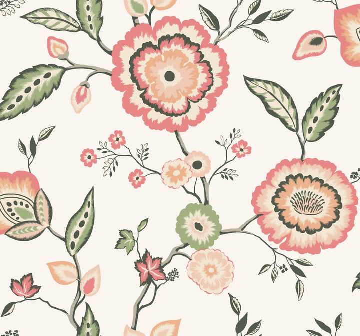 Dahlia Blooms Off White & Pink Wallpaper by York Wallcoverings Earthy Tones Covers about 60.8 square feet 27-in by 27-ft long roll Prepasted 25.25 - Fabric Carolina -