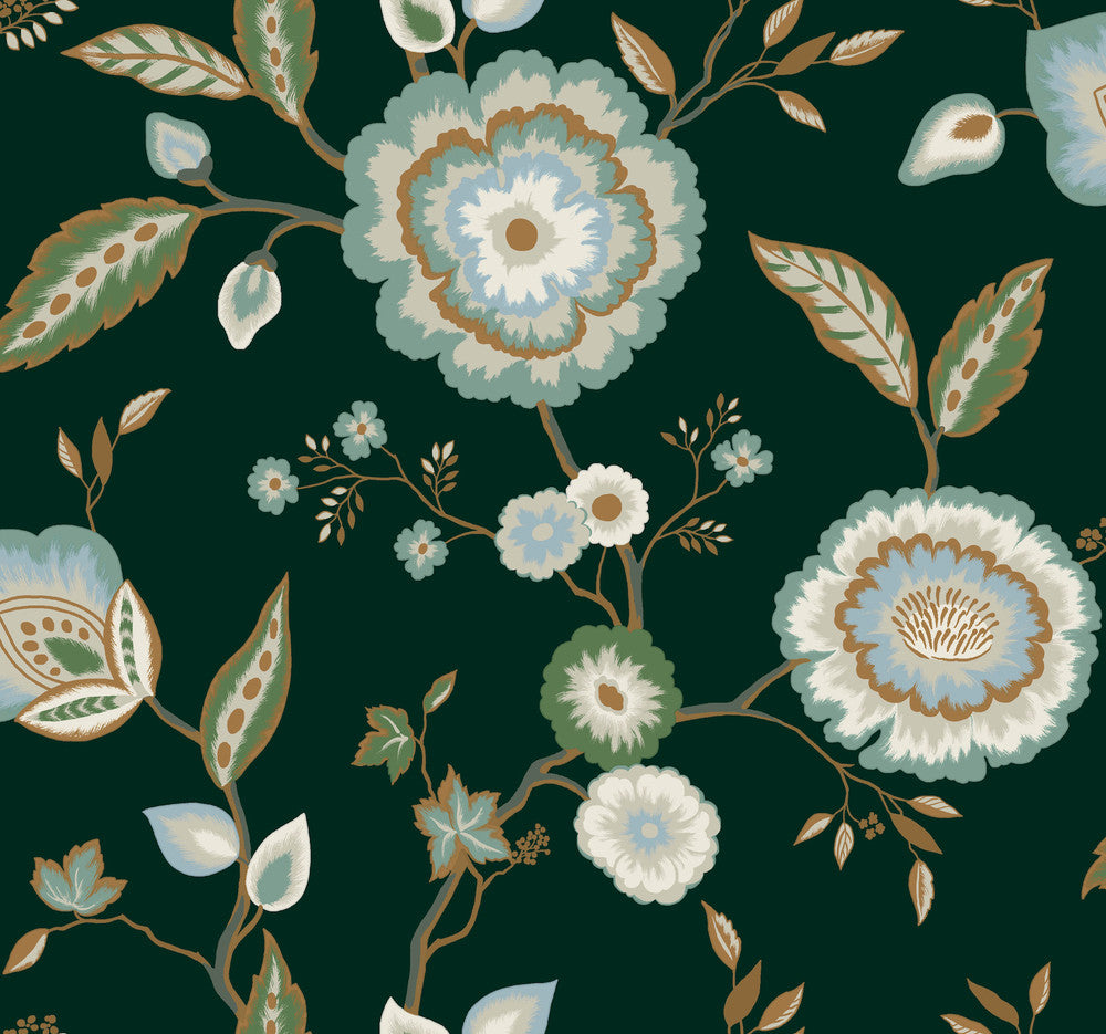 Dahlia Blooms Green & Blue Metallic Wallpaper by York Wallcoverings Greenhouse Covers about 60.8 square feet 27-in by 27-ft long roll Prepasted 25.25 - Fabric Carolina -