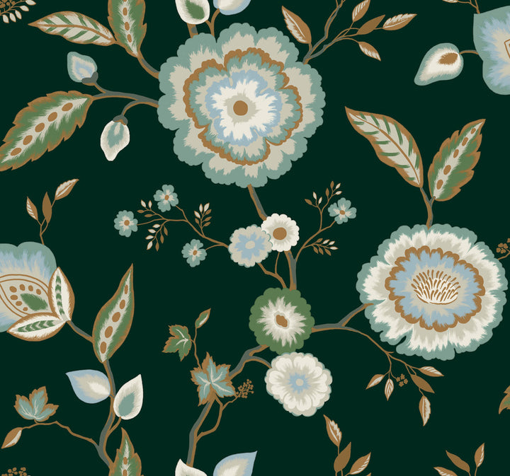 Dahlia Blooms Green & Blue Metallic Wallpaper by York Wallcoverings Greenhouse Covers about 60.8 square feet 27-in by 27-ft long roll Prepasted 25.25 - Fabric Carolina -
