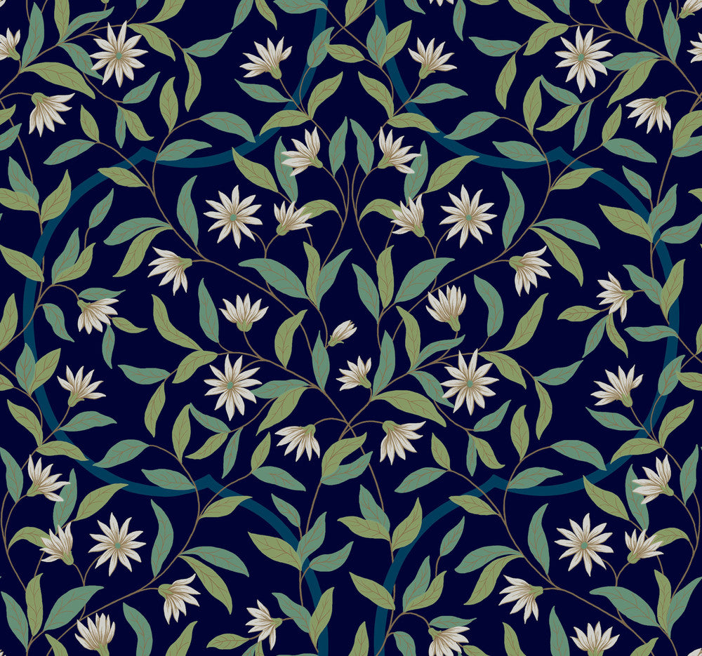 Jasmine Blue Metallic Wallpaper by York Wallcoverings Greenhouse Covers about 60.8 square feet 27-in by 27-ft long roll Prepasted 25.25 - Fabric Carolina -