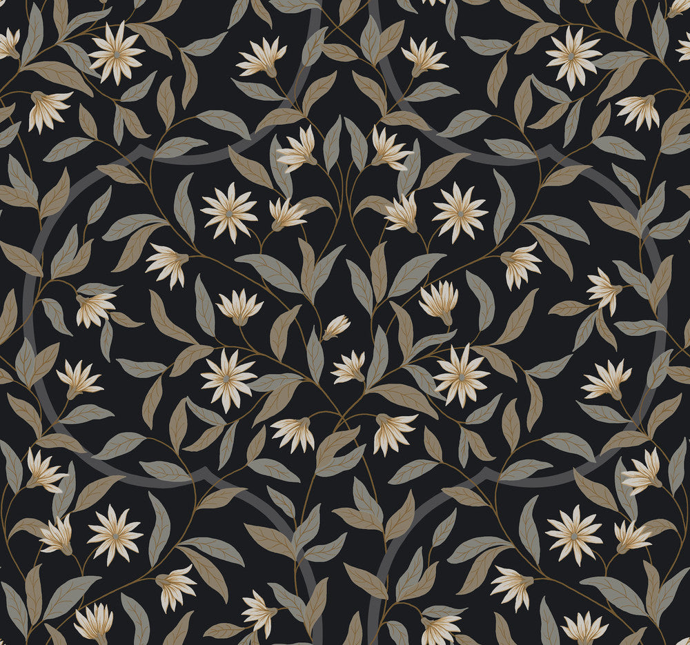Jasmine Black Metallic Wallpaper by Inspired by Color Black & White, III Covers about 60.8 square feet 27-in by 27-ft long roll Prepasted 25.25 - Fabric Carolina -