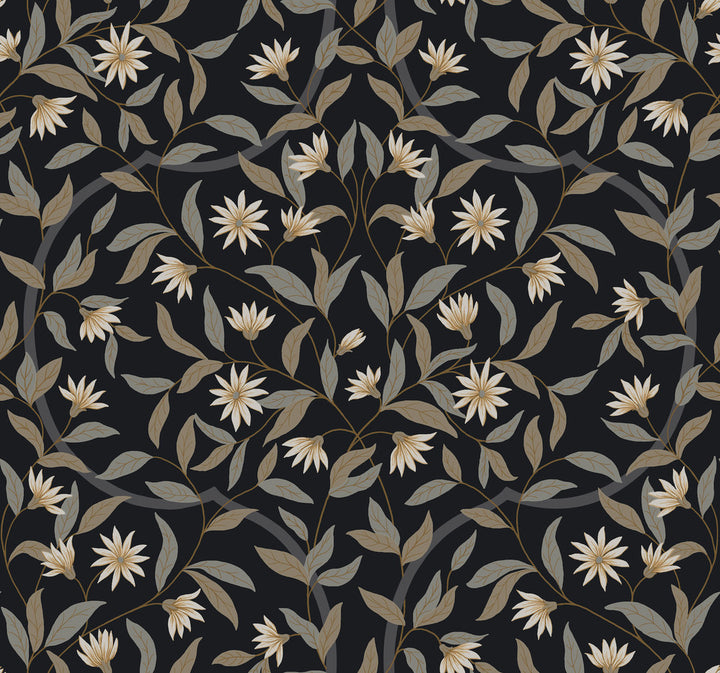 Jasmine Black Metallic Wallpaper by Inspired by Color Black & White, III Covers about 60.8 square feet 27-in by 27-ft long roll Prepasted 25.25 - Fabric Carolina -