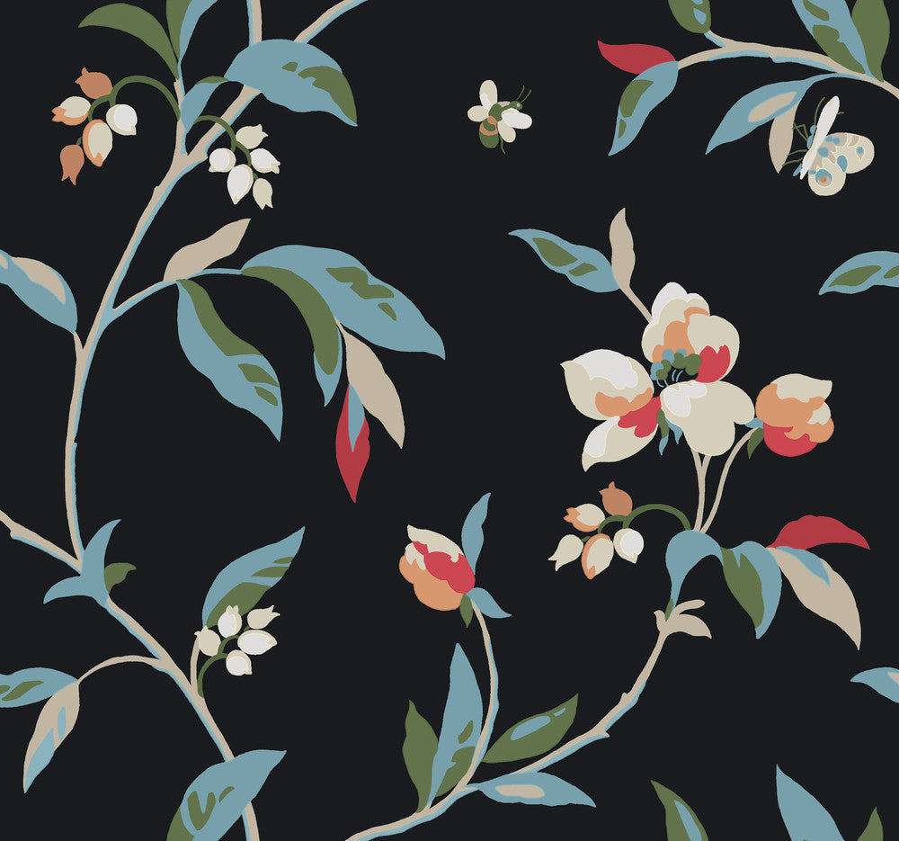 Springtime Black & Blue Wallpaper by York Wallcoverings Greenhouse Covers about 60.8 square feet 27-in by 27-ft long roll Prepasted 25.25 - Fabric Carolina -