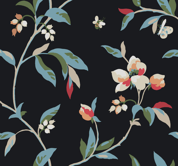 Springtime Black & Blue Wallpaper by York Wallcoverings Greenhouse Covers about 60.8 square feet 27-in by 27-ft long roll Prepasted 25.25 - Fabric Carolina -